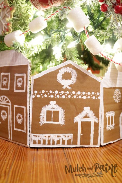 Cardboard Gingerbread Houses - Mulch & Paint Cardboard Gingerbread Houses, Cardboard Gingerbread, Cardboard Gingerbread House, Cardboard Tree, Land Ideas, Grinch Tree, Ginger Bread House Diy, Cardboard Christmas Tree, Gingerbread Christmas Tree