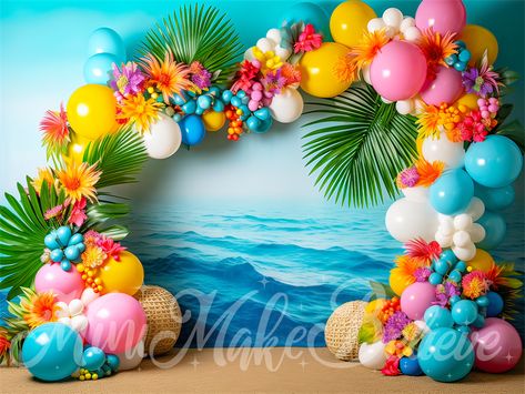 Flower And Balloon Arch, Birthday Backdrop Design, Arch Cake, Festa Moana Baby, Balloon Tower, Luau Theme Party, Hawaiian Luau Party, Beach Flowers, Luau Theme