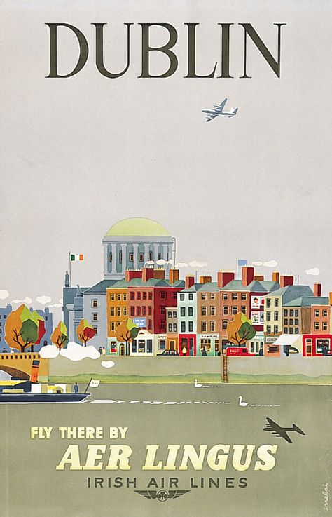 DUBLIN - Fly Aer Lingus. Cityscape of the north quays of Dublin's River Liffey, showing the Four Courts, and a colourful representation of Dublin's famous Georgian architecture, by A. Melia 800.514 Old Posters, Aer Lingus, Vintage Airline Posters, Aviation Posters, Tourism Poster, Vintage Airlines, Holiday Poster, Retro Travel Poster, Visit Ireland