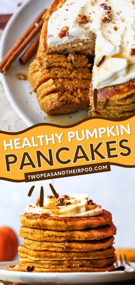 Healthy Pumpkin Pancakes are made with pumpkin puree, oats, spices, and pure maple syrup. These homemade pancakes are naturally gluten-free! Add this delicious pumpkin recipe to your favorite Fall food ideas! Fall Food Ideas, Healthy Pumpkin Pancakes, Gluten Free Pumpkin Pancakes, Pumpkin Breakfast Recipes, Blender Pancakes, Pumpkin Puree Recipes, Pumpkin Spice Pancakes, Homemade Pancake Recipe, Pumpkin Pancake Recipe