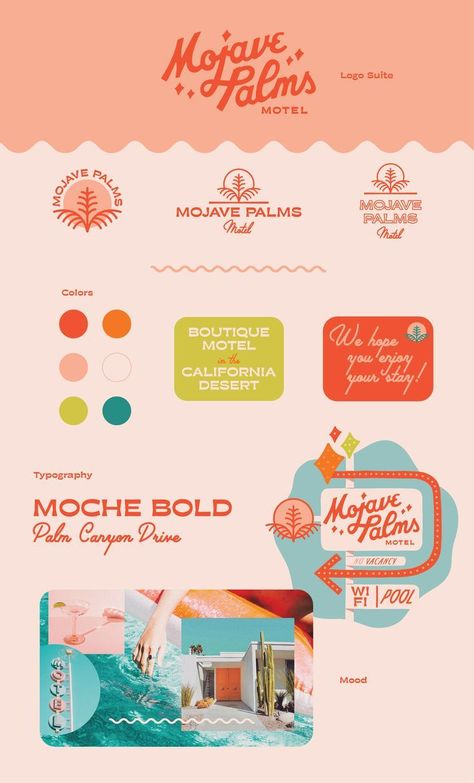 This contains an image of: Mojave Palms Motel Brand Kit by Abby Leighton Inspiration Typographie, Branding Mood Board, Brand Color Palette, Brand Kit, Branding Design Inspiration, Brand Board, Branding Kit, Modern Graphic Design, Brand Identity Design