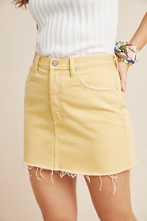 Boyish Corey Denim Mini Skirt | Anthropologie Yellow Denim Skirt, Coachella 2020, Tulle Skirts Outfit, Thrift Inspo, Yellow Denim, Denim Skirt Outfits, Dream Aesthetic, Casual Skirt Outfits, Better Sweater