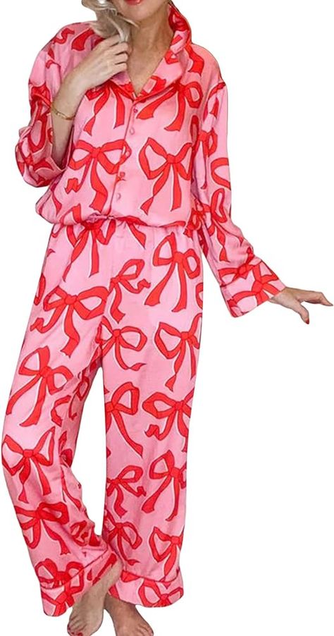 MAINESAKA Womens Button Down Pajamas Set Long Sleeve Bow/Heart Print Button Up Shirt Lounge Pants y2k Pjs Cute Sleepwear (Bow, M) at Amazon Women’s Clothing store