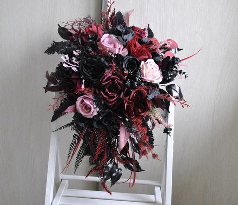 Black Burgundy Flower Corner Swag , Flower Arch Arrangement, Gothic Wedding, Halloween Wedding - Etsy Black Cascading Bouquet, Black Pink And Purple Wedding, Black Red Wedding Bouquet, Pink And Black Bouquet, Goth Wedding Bouquet, Goth Bouquet, Halloween Wedding Bouquet, Black And Burgundy Wedding, Halloween Wedding Flowers