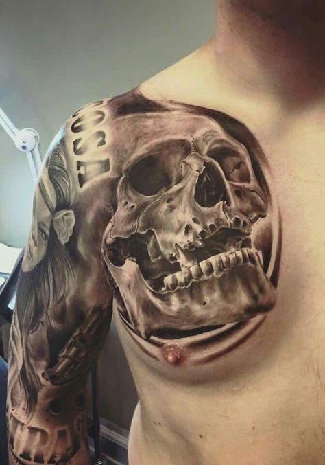 Skull tattoo Stomach Tatoo, Skull Chest Tattoo, Half Sleeve Tattoos Lower Arm, Wicked Tattoos, Chest Tattoo Men, Stomach Tattoos, Chest Piece, Great Tattoos, Half Sleeve Tattoo