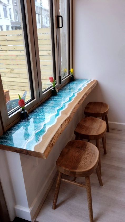 tidesofteal on Instagram: RESIN OCEAN BAR TOPS How I made these beautiful resin ocean bar tops. ✨ Step 1. Clear coat underside of wood Step 2. Wave layer 1 Step… Kitchen Counter Epoxy, Bar Top Epoxy, Epoxy Kitchen, Epoxy Coffee Table, Resin Table Top, Resin Countertops, Bar Tops, Epoxy Table Top, Outside Bars