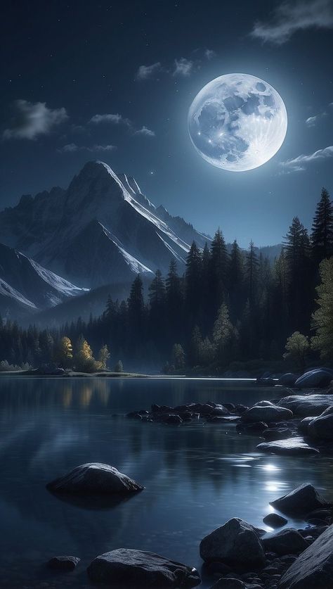 Moon And Mountains Painting, Background Moon Aesthetic, Mountain Lake Aesthetic, Night Lake Aesthetic, Full Moon Aesthetic Wallpaper, Bulan Aesthetic Night, Fantasy Moon Art, La Luna Aesthetic, Aesthetic Mountain Pictures