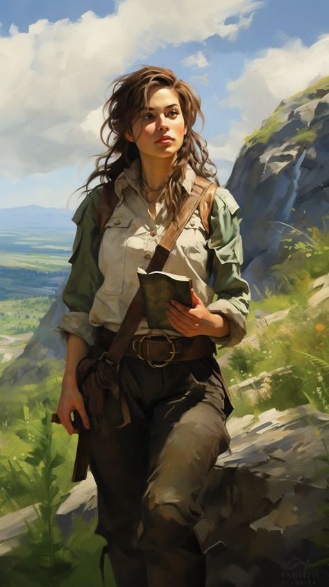 Female Explorer Character, Female Book Characters, Female Character Design Brunette, Fantasy Adventurer, Africa Art Design, Adventure Girl, Artistic Pictures, Mountain Trail, Regular People