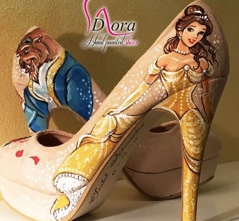 Beauty and the Beast Hand-painted Heels. Beauty And The Beast High Heels, Disney High Heels, Painted Heels, Hand Painted Heels, Queen Vampire, Beauty And The Beast Quince, 21st Birthday Cupcakes, Shoes Costume, Disney Princess Gifts