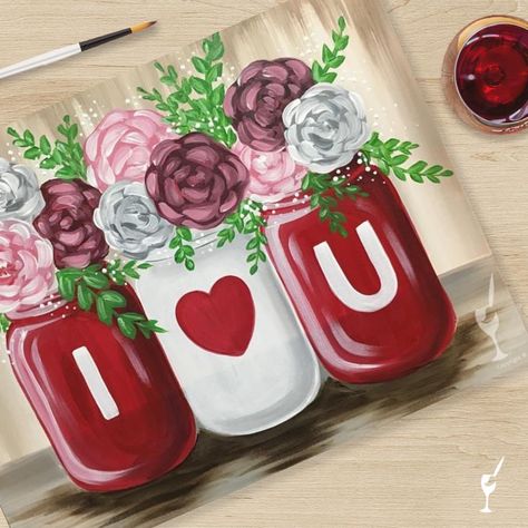 Acrylic Painting Valentines Day, Valentines Acrylic Painting Ideas, Valentines Paint Night Ideas, February Canvas Painting Ideas, March Canvas Painting Ideas, Easy Valentine Canvas Painting Ideas, Valentines Day Acrylic Painting, Galentines Paint And Sip Ideas, Valentines Day Canvas Painting