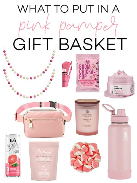 15 Gift Basket Ideas Everyone Will Love Receiving Spa Easter Basket Ideas, Pink Gift Ideas Friends, Pink Gift Basket Ideas For Women, Pink Items For Gift Basket, All Pink Gift Basket Ideas, Pink Themed Gifts, Flamingo Gift Basket, Pink Theme Gift Basket, Pink Gifts For Women