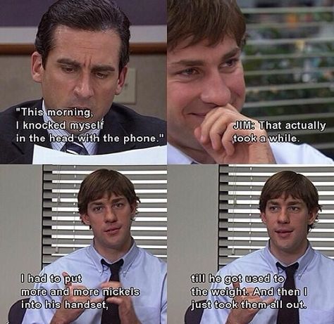 When Jim gradually increases the weight of Dwight's telephone. Office Jokes, The Office Show, Office Memes, Good Pranks, Office Quotes, Office Humor, Tv Quotes, Best Tv Shows, Bones Funny