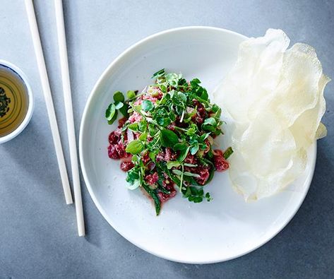 Beef tartare recipe with herbs and nuoc cham by Thi Le | Gourmet Traveller Beef Tartare Recipe, Strawberry Crisp Recipe, Easy Peach Crisp, Asian Steak, Tartare Recipe, Asian Food Photography, French Brasserie, Peach Crisp Recipe, Crisp Desserts