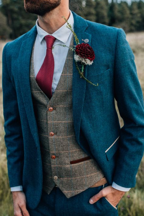 Wedding Suits Men Scottish, Mens Teal Suit Wedding, Mens Wedding Suits Blue, Autumnal Wedding Suits, Spring Wedding Suits Groom, Groom Suit Winter Wedding, Fairy Groom Suit, Jewel Tone Wedding Suit, Unique Wedding Suits Men