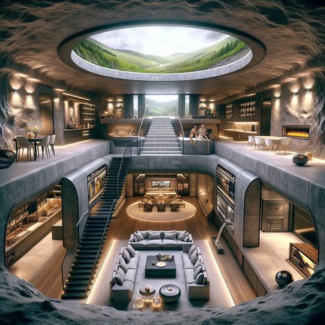 Futuristic Bunker, Futuristic Garage, Futuristic Architecture Home, Sci Fi Rooms, Futuristic Apartment, Mansion Exterior, Modern Architecture Building, Luxury House Interior Design, Mansion Interior