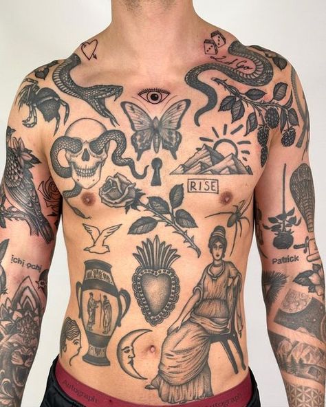 Patchwork Bird Tattoo, Patchwork Rose Tattoo, Top Of Shoulder Tattoo Men, Blackberry Branch, Top Of Shoulder Tattoo, Traditional Chest Tattoo, Traditional Chest, Traditional Black Tattoo, Sacred Heart Tattoos