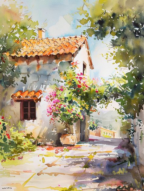 #WatercolorPainting #HouseWithRedRoof #BeautifulLandscape #UnusualColorScheme #TheCandie Watercolor Building, House With Red Roof, Painting Of A House, Painting Doors, Red Roof House, Detailed Watercolor, Inspirational Digital Art, Watercolor House, Learn Watercolor Painting