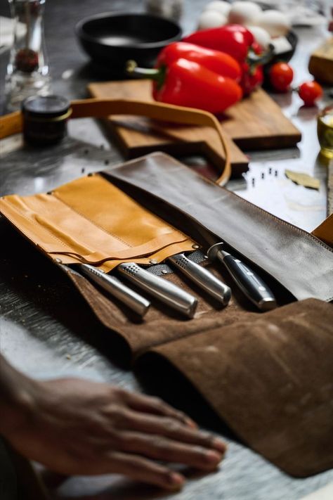 Bought a leather knife bag but don't know where to put your meat thermometer, sharpener etc.? We have a solution for you: our leather knife roll helps to keep your favourite utensil handy at one place together with your knives due to an additional secret pocket inside. Knife Roll Bag, Leather Knife Roll, Chef Bag, Chef Knife Bags, Knife Organization, Knife Bag, Knife Roll, Meat Thermometer, Knife Storage