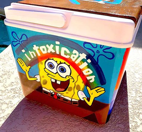 Formal Painted Cooler Ideas, Cute Cooler Ideas, Funny Frat Coolers, Spongebob Intoxication, College Cooler Painting, Beta Frat Cooler, Sae Frat Cooler, Painted Coolers For Guys Fraternity, Painted Cooler Ideas