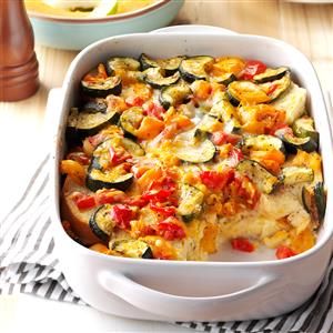 Roasted Vegetable Strata Recipe -With the abundance of zucchini my family has in the fall, this is the perfect dish to use what we have. Cheesy and rich, this is a warm, classic breakfast dish sure to please! —Colleen Doucette, Truro, Nova Scotia Vegetable Strata, Vegetarian Breakfast Casserole, Strata Recipes, Zucchini Recipes Healthy, Vegetarian Casserole, Healthy Zucchini, Vegetarian Breakfast Recipes, Vegetarian Breakfast, Disney Descendants