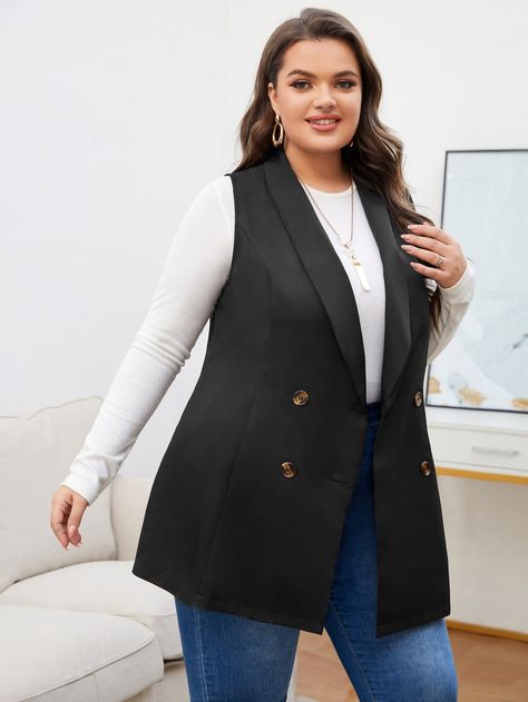 Black Elegant  Sleeveless Polyester Plain Vest  Slight Stretch Spring/Fall Plus Size Suits Waistcoat Women Plus Size, Blazers For Women Outfits Plus Size, Long Sleeveless Vest, Plus Size Blazers, Plain Vest, Chaleco Casual, Outfits Con Jeans, Blazer Outfits For Women, Sleeveless Blazer