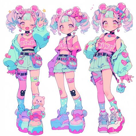 Colorful Character Design, Pastel Character Design, Pastel Techwear, Candy Character Design, Vtuber Outfit Ideas, Kawaii Character Design, Pastel Character, Kawaii Oc, Design Girl