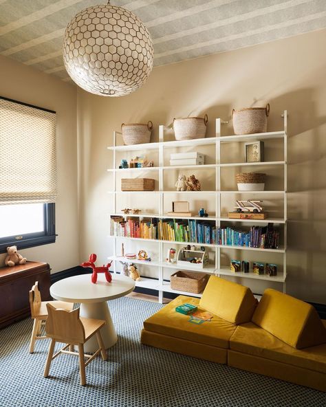 We can’t get enough of this shot of our recent playroom design! We balanced neutrals with playful textures to bring this special space… | Instagram Couch In Playroom, Couch Room, Nugget Couch, Pop Of Yellow, Play Couch, Room Couches, Playroom Design, Interior Renovation, Fashion Room