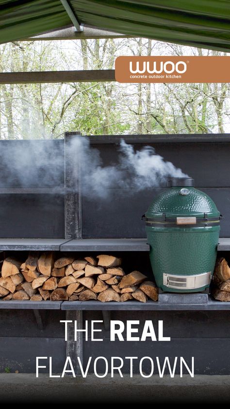 Meet the ultimate outdoor cooking duo: the WWOO kitchen and Big Green Egg! Together, they bring unmatched flavor and functionality to your backyard. With WWOO's sleek, weatherproof design and Big Green Egg’s incredible versatility, this dream team lets you grill, smoke, roast, and bake like a pro. Perfect for everything from intimate family meals to big gatherings. Ready to transform your cooking experience? Concrete Outdoor Kitchen, Concrete Kitchen, Big Green Egg, Green Eggs, Wood Kitchen, Outdoor Cooking, Dream Team, Like A Pro, Outdoor Kitchen