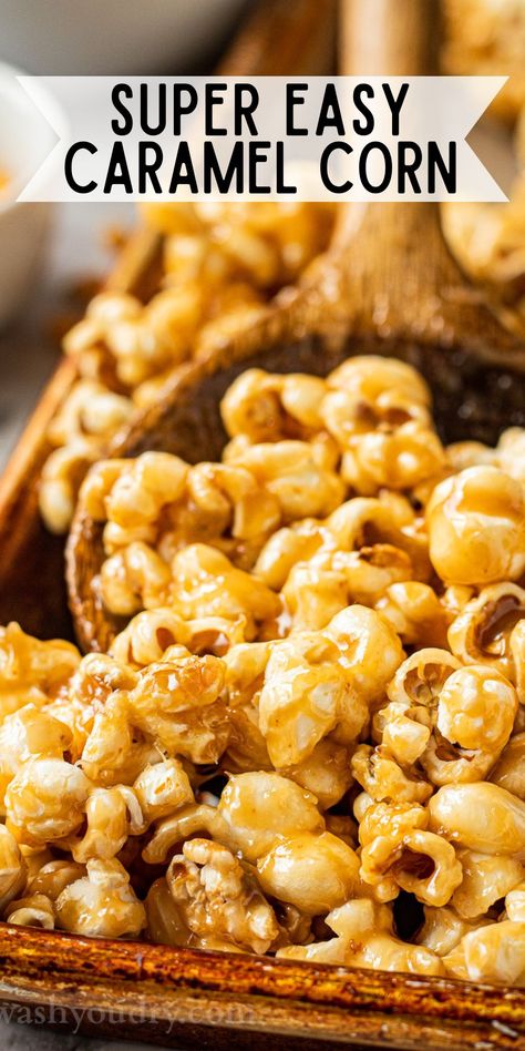 This quick and easy Caramel Popcorn Recipe is the perfect treat for parties and holidays. A gooey and soft buttery caramel sauce on top of perfectly salted popcorn that is ready in no time! Caramel Corn With Molasses, Carmel Puff Corn Recipe Easy, Carnal Popcorn, Marshmallow Caramel Corn, Caramel Popcorn Recipe Easy Without Corn Syrup, Werthers Caramel Popcorn Recipe, Caramel Corn Recipe Easy, Carmel Popcorn Recipe, Butter Toffee Popcorn Recipe