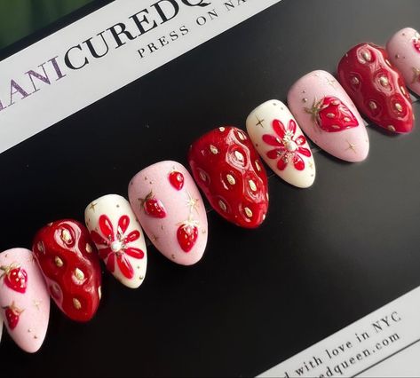 Toddler Screaming, Cute Fake Nails, 3d Strawberry, Strawberry Nails, Strawberry Decor, Nails 3d, Summer Fresh, Kawaii Nails, Nagel Inspo