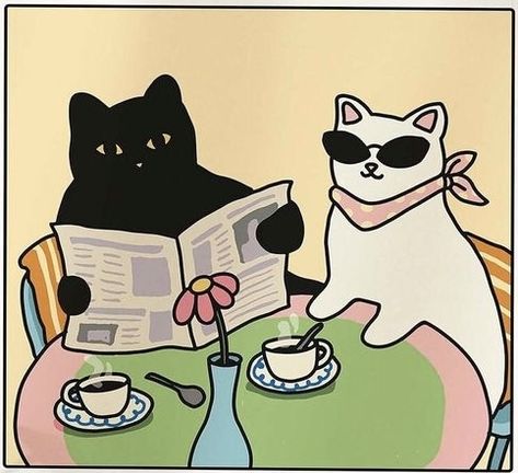 Cat And Coffee Aesthetic, Black Cat Drawing Aesthetic, Cat Cafe Aesthetic, Cats Drinking Coffee, Cat Coffee Art, Cartoon Kittens, Ballerina Cat, Cat Drinking Coffee, Wallpaper Cats