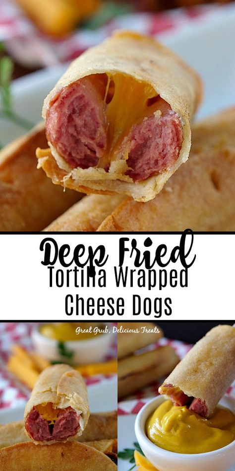 Deep Fried Tortilla Wrapped Cheese Dogs are stuffed with cheese, wrapped in a corn tortilla and deep fried. #hotdog #cheesedog #deepfried #delicious #greatgrubdelicioustreats Fried Hot Dogs, Deep Fried Recipes, Deep Fried Appetizers, Hot Dogs Recipes, Pizza Muffins, Peach Syrup, Deep Fried Food, Cheese Dog, Corn Tortilla