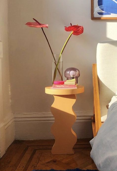 Fun Bedside Tables, Bedside Tables Aesthetic, Bts Army Aesthetic, Cute Side Table, Army Aesthetic, Plants Interior, Pastel Bedroom, Work Tables, Colorful Apartment