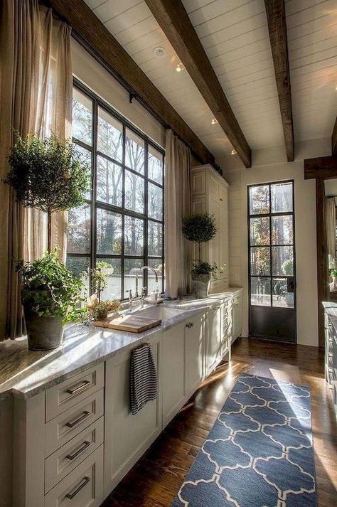 Kitchen Antique Furniture, French Boho Kitchen, English Country House Paint Colors, Small Kitchen Remodel Galley Layout, Modern French Interior Design Kitchen, Kitchens With Brown Floors, Big Open Kitchen, European Country Home, Dreamy Kitchens