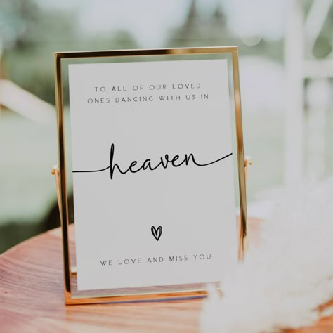 Remember your loved ones in a special way with our "Dancing With Us in Heaven" sign. This loving memory table sign is perfect for weddings, allowing you to honor those who are no longer with us but forever dancing in heaven. Our editable sign features a heartfelt message that will bring comfort and warmth to your celebration. Light a candle and let their presence be felt as you commemorate them with this beautiful in memory sign. Include this touching heaven wedding sign in your wedding signage To Our Loved Ones In Heaven, Memorial Display Wedding, Wish You Were Here Wedding, In Loving Memory Wedding Sign, In Memory Table, Honoring Loved Ones At Wedding, Heaven Wedding Sign, Dancing In Heaven, Memory Table Sign