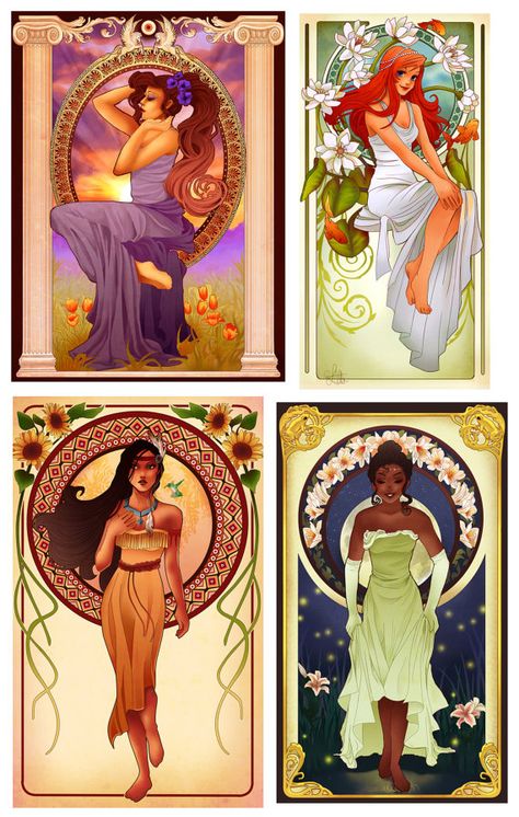 Art Nouveau Disney Princesses - Mix&Match or Complete Collection Art Nouveau Disney, Hannah Alexander, November Art, Illustration Art Nouveau, Animation Disney, Mucha Art, Art Nouveau Illustration, Images Disney, Bird Designs