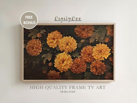 Autumn Frame TV Art, Vintage Orange Fall Mums Flowers Painting, Rustic Fall Decor, Moody Wallpaper, Thanksgiving Tv Art, Digital Download by DigilyDoo on Etsy Mum Painting, Mums Painting, Orange Fall Decor, Tv Screensaver, Autumn Frame, Painting Tv, Moody Wallpaper, Halloween Frame, Fall Mums