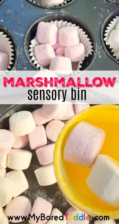 marshmallow sensory bin for toddlers and preschoolers. A simple activity for toddlers, 1  year olds, 2 year olds, 3 year olds. #sensorybins #sensorybin #sensoryplay #toddlers #toddlerplay Marshmallow Activities, Sensory Bin For Toddlers, Preschool Camping, Discovery Table, Fun For Toddlers, Toddler Sensory Bins, Sensory Dough, Sensory Bags, Simple Activities