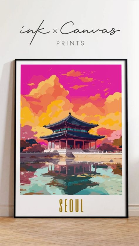 Retro travel poster of Seoul South Korea. Landscape, architecture, landmarks, maximalism style art, vibrant colors, watercolor style, modern retro art, world travel destinations set. Seoul Poster, Korean Wall Decor, Seoul Travel, South Korea Travel, Retro Travel Poster, Korea Travel, Art Diary, Text Style, Travel Collection