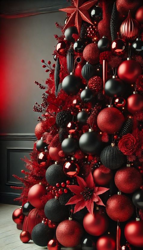 Christmas Tree Ideas For Black Trees, Black And Gray Christmas Decor, Christmas Tree With Black And Red Ornaments, Black White Gold Red Christmas Tree, Black Tree Red Ornaments, Dark Holiday Decor, Black Red Gold Christmas Decor, Black Red And Gold Christmas Decor, Black Red And White Christmas Tree Decorating Ideas