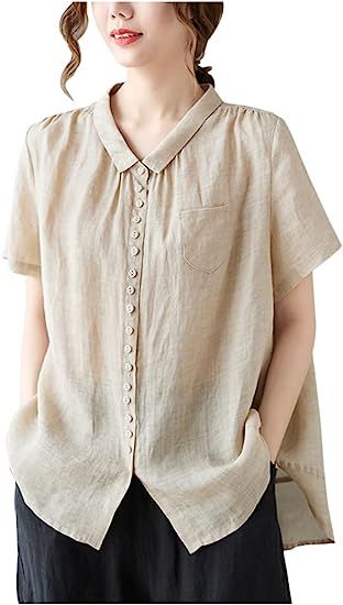 Mywinway Womens Linen Button Down Shirts Summer Short Sleeve Blouse Casual Linen Tunic Tops at Amazon Women’s Clothing store Linen Tunic Tops, Shirts Summer, Blouse Casual, Linen Tunic, Fashion Catalogue, Simple Shirts, Linen Blouse, Linen Women, Shirt Collar