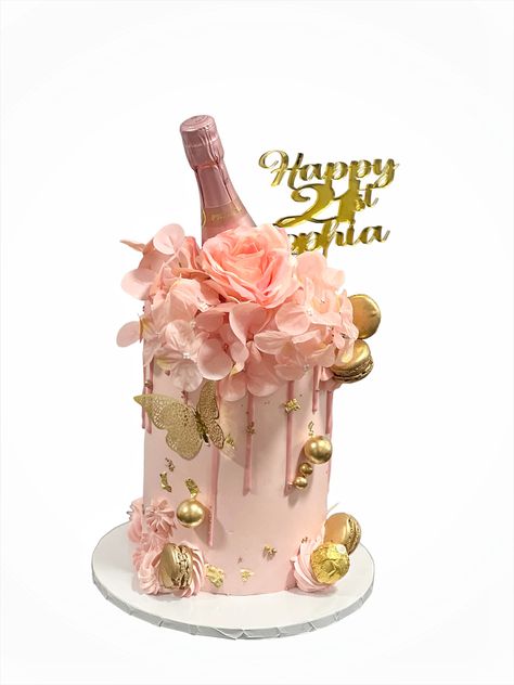 Pink chocolate drip cake with flowers Cake With Bottle, Floral Drip Cake, Mini Prosecco Bottles, Prosecco Bottle, Tall Cake, Chocolate Drip Cake, Tall Cakes, Chocolate Drip, Pink Chocolate