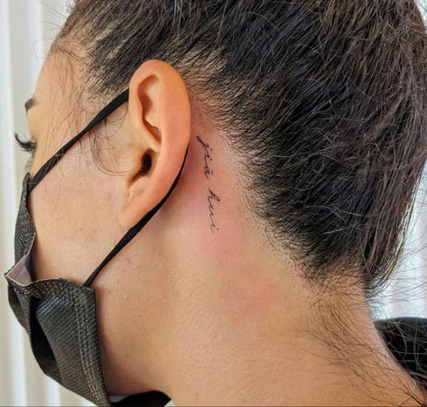 Behind Ear Script Tattoo, Always Neck Tattoo, Cursive Behind Ear Tattoo, Script Behind Ear Tattoo, Behind Ear Word Tattoo, Word Tattoo Behind Ear, Behind Ear Tattoo Words, Behind Ear Tattoo Women, Upper Neck Tattoo