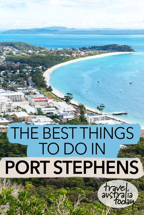 The best things to do in Port Stephens, NSW, Australia. This coastal holiday spot north of Sydney is a water-lovers dream. There are so many things to see in Port Stephens, from the sand dunes to the beaches, the national parks and the lovely towns. It's easy to spend a few days in Port Stephens. Here are my tips for what to do in Port Stephens in New South Wales, Australia. #travel #australia #australiatravel #nsw #newsouthwales Port Stephens Nsw, Swimming With Dolphins, Port Stephens, Sydney Travel, Wales Travel, Coastal Holiday, Australia Travel Guide, Travel Bucket List Usa, Oceania Travel