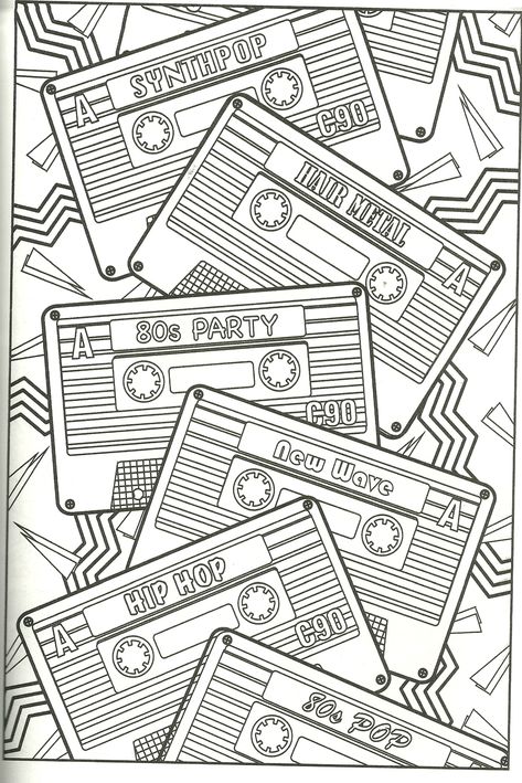 Cassette Tape coloring page 1980s Coloring Pages, Coloring Pages Aesthetic Mushroom, 80s Inspired Wedding, 80s Coloring Pages, 90s Coloring Pages, 80s Crafts, 80s Coloring, Music Coloring Pages, Music Coloring Sheets