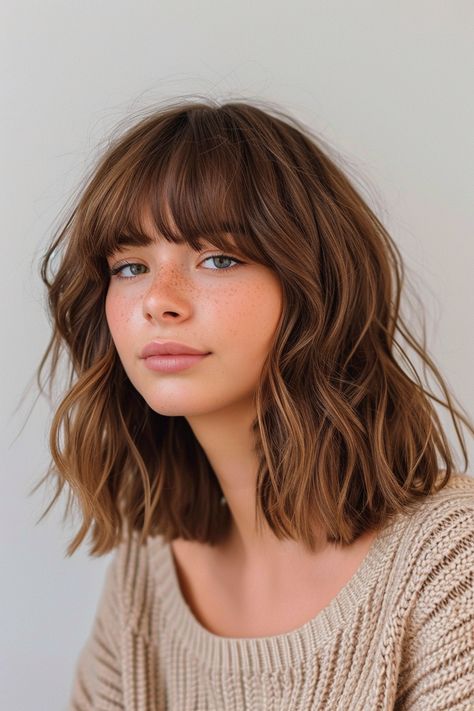 56+ Shaggy Lob With Bangs Hairstyle Ideas Wavy Mid Length Hair, Lob Haircut With Bangs, Shaggy Lob, Medium Shaggy Hairstyles, Short Hair Fringe, Lob With Bangs, Bob Hairstyles With Bangs, Corte Bob, Lob Hairstyle