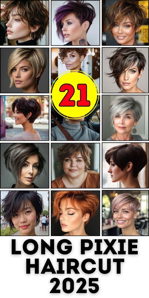 Step into 2025 with 21 stylish ideas for long pixie haircuts. Perfect for thick hair, fine textures, or curly locks, these styles include elegant bangs, messy ponytails, and natural tapered cuts. Black women and older women will appreciate the classy and funky options, inspired by global trends such as Korean chic and French sophistication. Add side parts or braids for a polished and unique look. Long Pixie Thick Hair, Funky Haircuts For Women, Pixie Haircut Long, Pixie Long Bangs, Long Pixie Hair, Bangs Edgy, Messy Ponytails, Natural Tapered Cut, Styles For Thick Hair