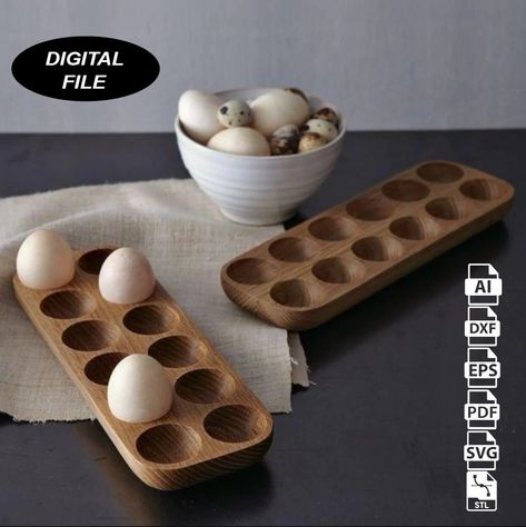 Minimalist Egg Holder *PLEASE NOTE: This is an instant download file and NO physical product will be shipped to you. Dimensions Wood thickness: 2.1cm / 0.8 inches Height 30.5cm / 12 inches Width / 10.5cm / 4.1 inches The ZIP folders (one in imperial and one in SI units) you will receive each includes: - STL files -AI -SVG -DXF -PDF -EPS Wood Kitchen Accessories, Wooden Kitchen Accessories, Wooden Trays, Wood Eggs, Egg Crates, Generate Income, Wooden Eggs, Woodworking Skills, Egg Holder