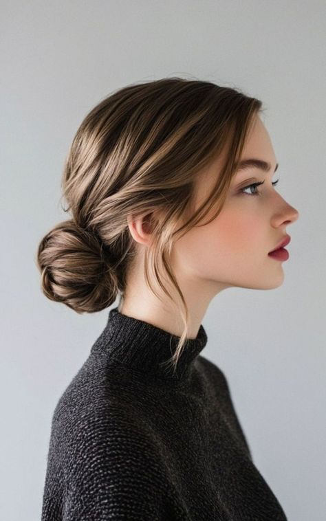 Low buns are timeless and sophisticated. Check out these chic low bun updos for medium-length hair, perfect for any occasion! #LowBunUpdo #MediumLengthHair Simple Elegant Low Bun, Elegant Low Bun Hairstyles, Braids And Makeup, Chic Low Bun, Victorian Era Hairstyles, Wedding Day Aesthetic, Chignon Simple, Winter Office Outfits, Medium Hair Up