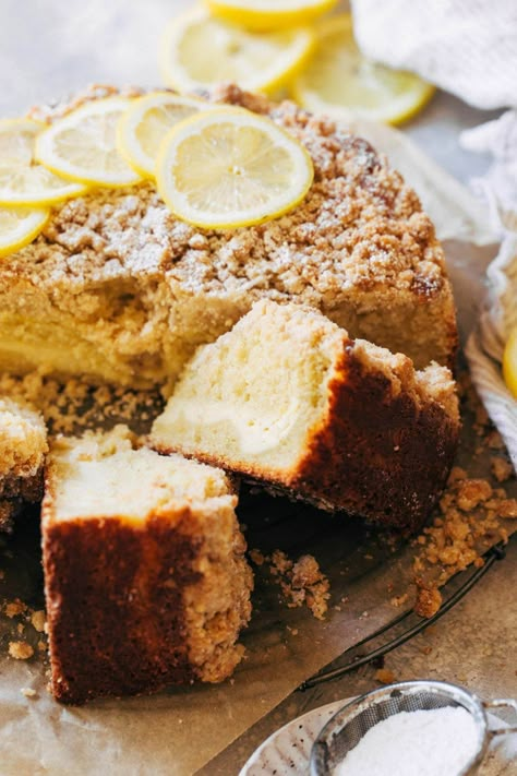 This moist lemon coffee cake is baked with a layer of lemon cream cheese and topped with a crunch crumble. It has a bright flavor with a rich texture and is the perfect treat for brunch! #coffeecake #lemon #creamcheese #brunch #butternutbakery | butternutbakeryblog.com Lemon Cream Cheese Coffee Cake, Crunchy Cake, Lemon Coffee Cake, Delicious Lemon Cake, Classic Coffee Cake, Cheese Coffee Cake, Lemon Coffee, Butternut Bakery, Cream Cheese Coffee Cake